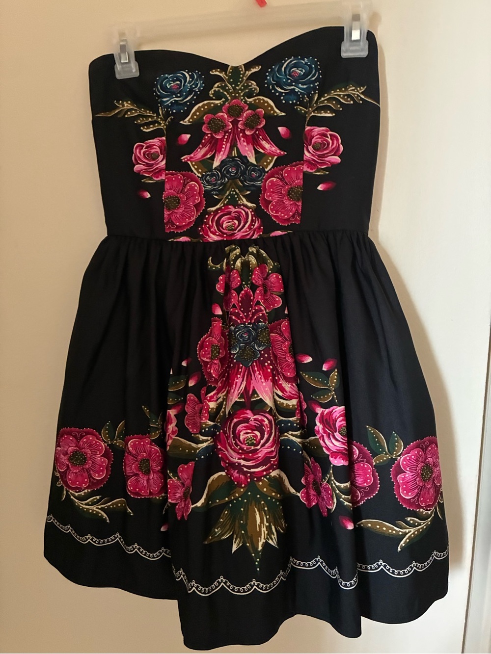 Forever 21 Black Strapless Mini Dress with Pink Floral Embroidery